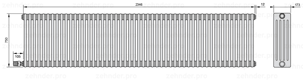 Схема (чертеж) Радиатор Zehnder Charleston 5075/51 №V003 Белый глянцевый RAL 9016